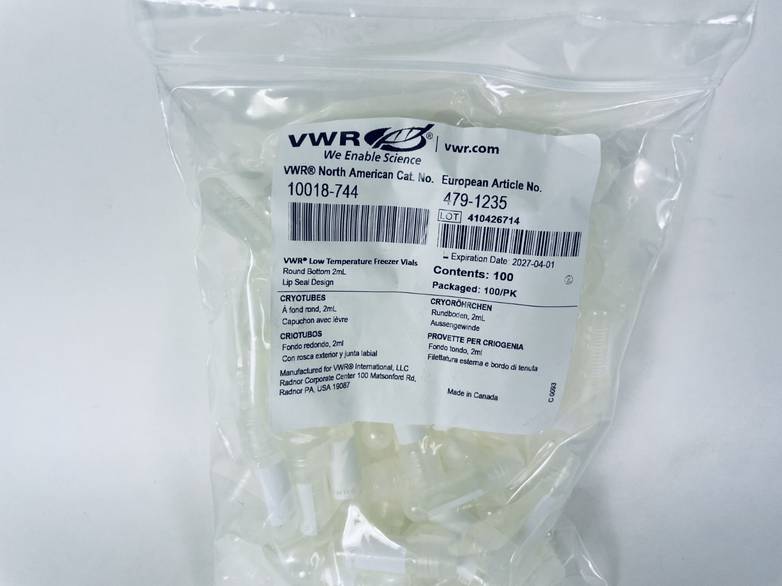 VWR 10018-744/479-1235 2mL Round Bottom Cryogenic Vials ext. Thread 100/pk