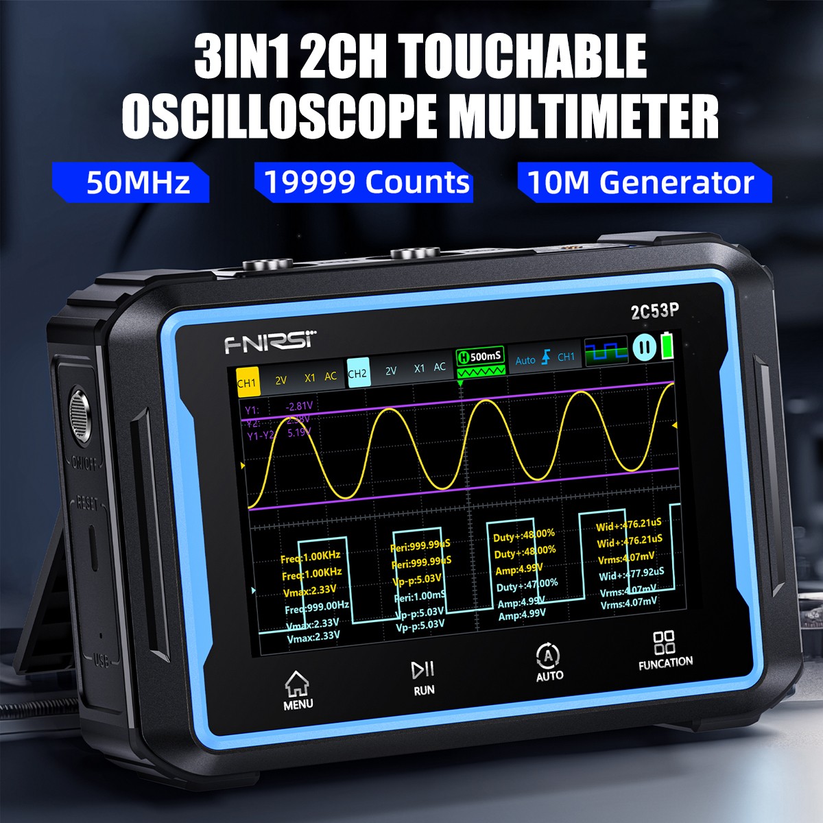 FNIRSI-2C53P Touch Screen Digital Oscilloscope Multimeter Signal Generator 2CH