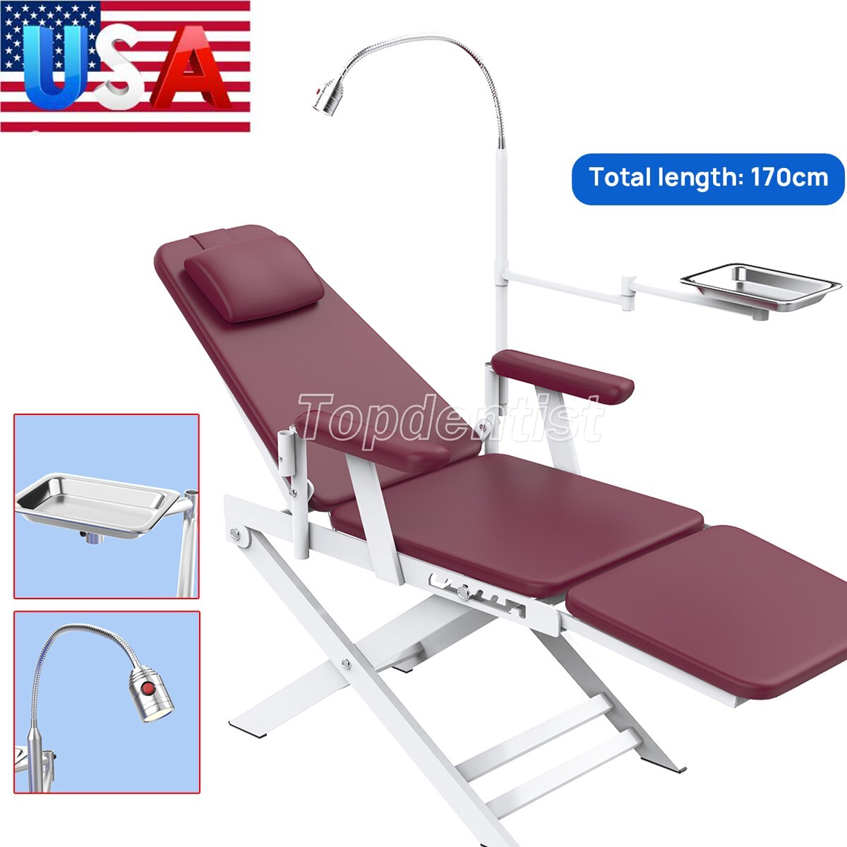 Portable Dental Exam Folding Chair LED Light PU Hard Leather Burgundy Color