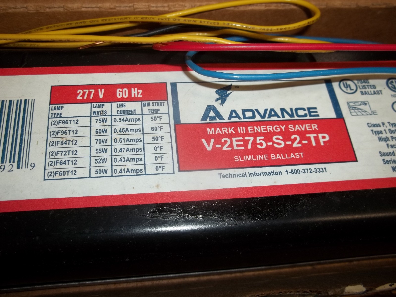 ADVANCE BALLAST V-2E75-S-2-TP MARK III ENERGY SAVER SLIMLINE 277V 60HZ (500)