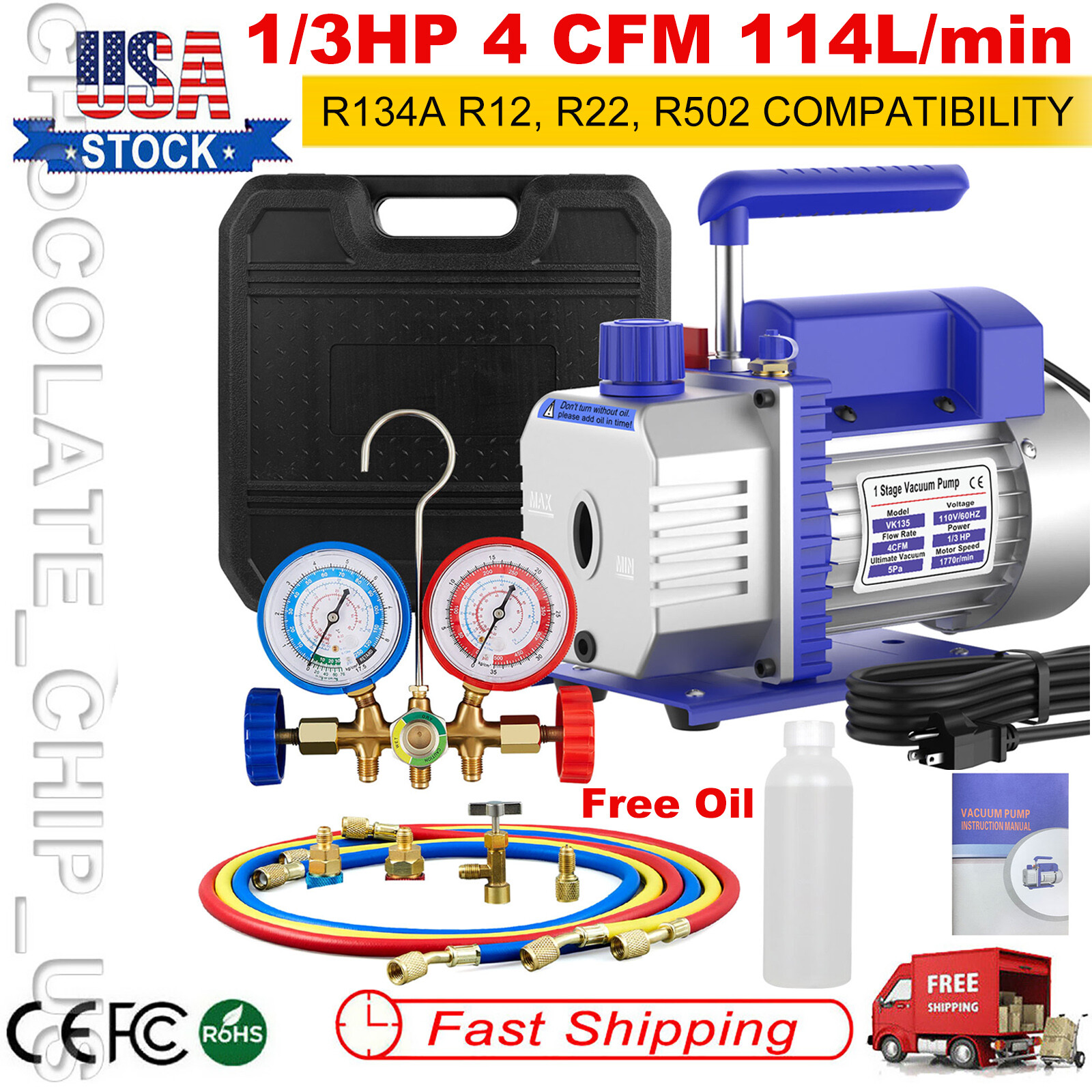 4 CFM 1/3hp Air Vacuum Pump HVAC Refrigeration AC Manifold Gauge Set R134a Kit