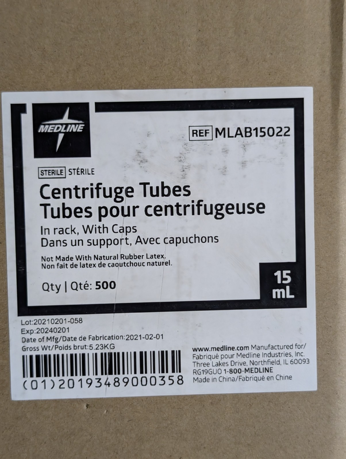 Medline MLAB15022 15mL Sterile Centrifuge Tubes 500/Case In Rack Caps Ex 02/24