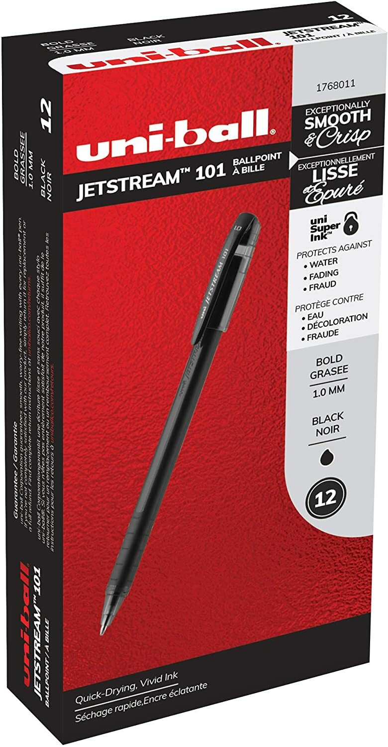 1768011 Uni-Ball Jetstream 101 Roller Ball Pen, Black Ink, Bold Tip, Box of 12