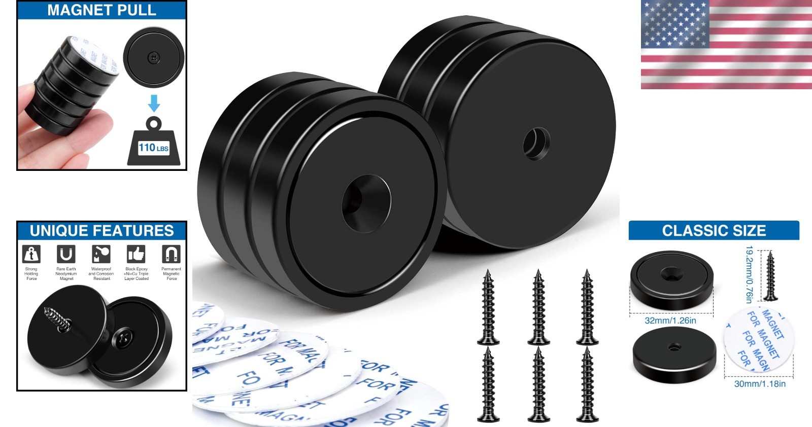 Neodymium Cup Magnets 110lb Waterproof Strong Wall Mount Magnets Pack of 6