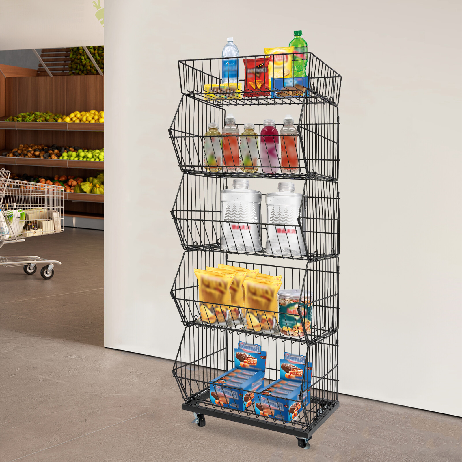Movable Merchandise Display Rack Steel Retail Storage Basket Rack 5-Tiers Black