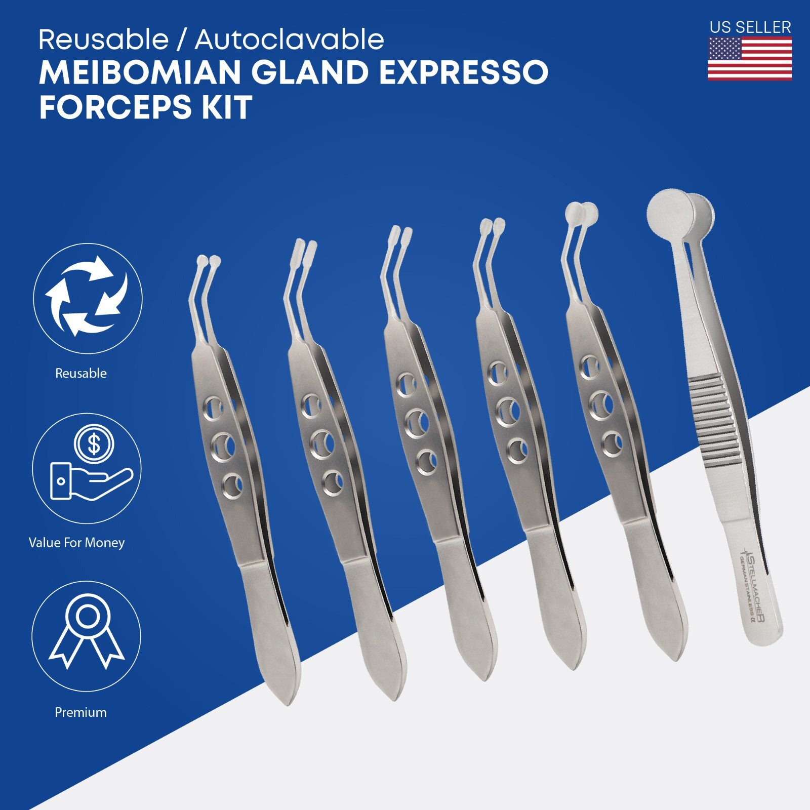Meibomian Gland Expressor Forceps Set Eyelid Tweezers Kit Ophthalmic Tools 6 Pcs