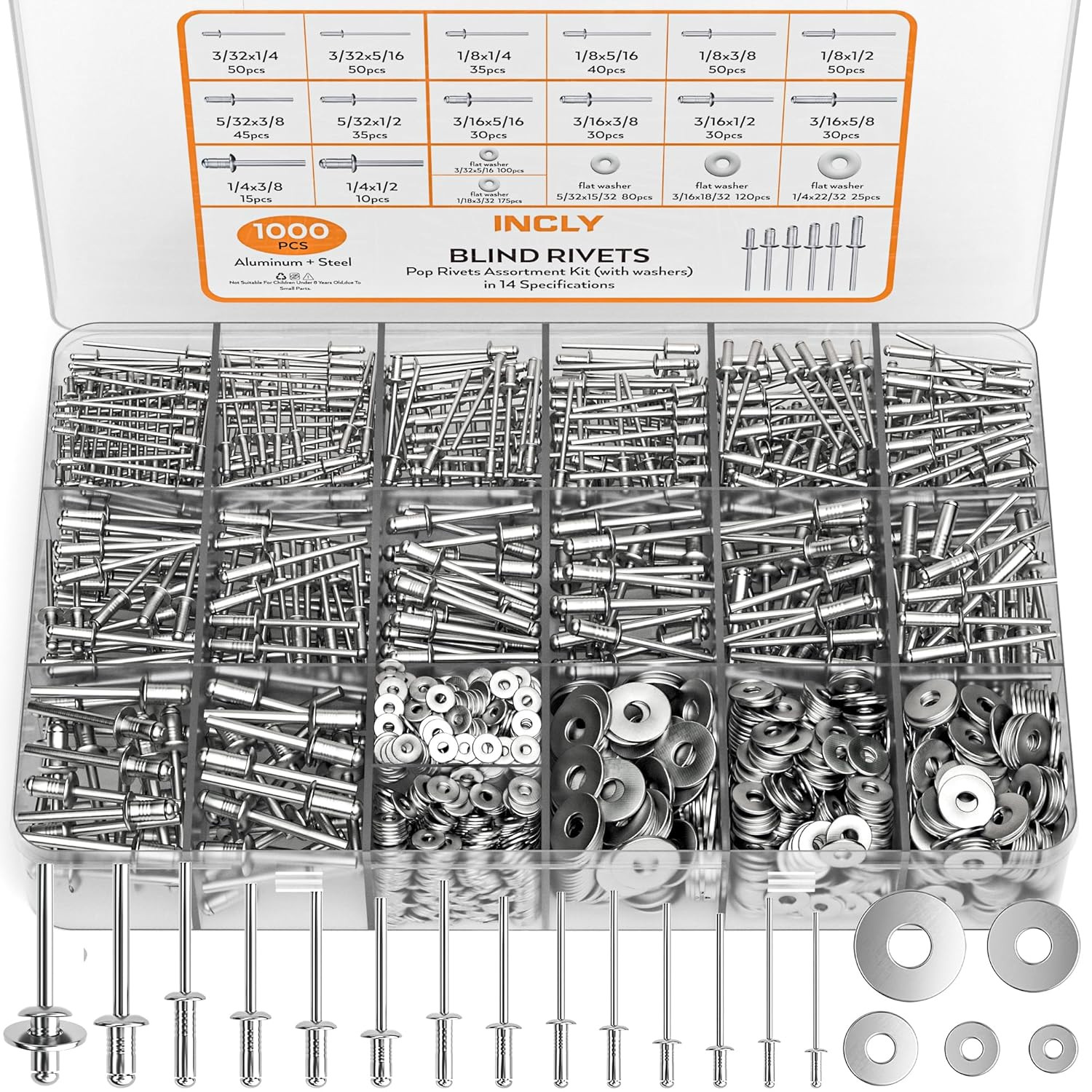 1000PCS Aluminum Pop Rivets Assortment Kit 14 Sizes Pop Rivets Stainless Steel B