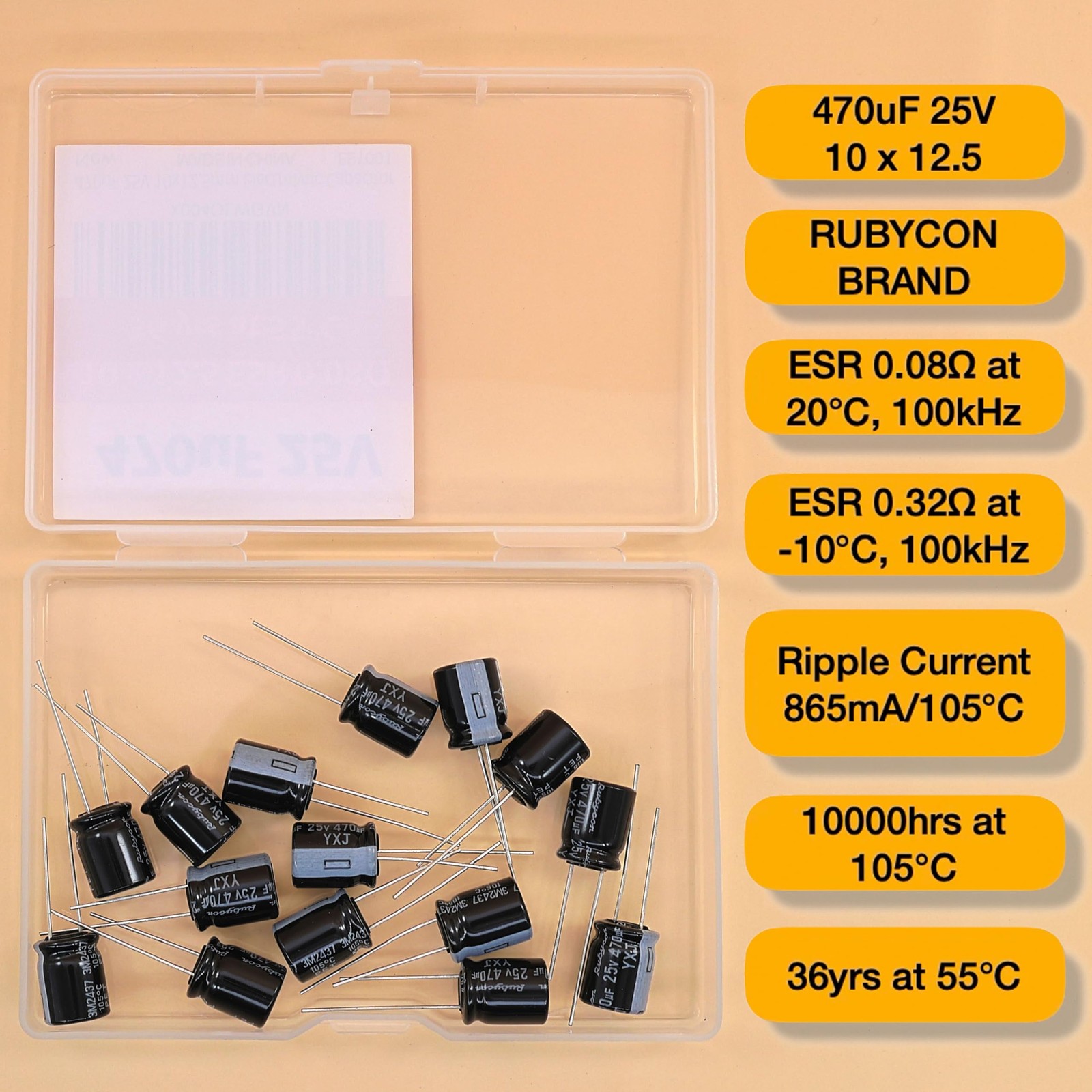 470uF 25V 10×12.5mm Rubycon Electrolytic Capacitor Low ESR 0.08Ω Long Life 36…