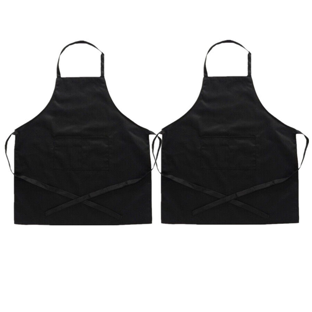 1-100X Unisex Black Bib Aprons with 2 Pockets for Chef Waiter Kitchen Restaurant