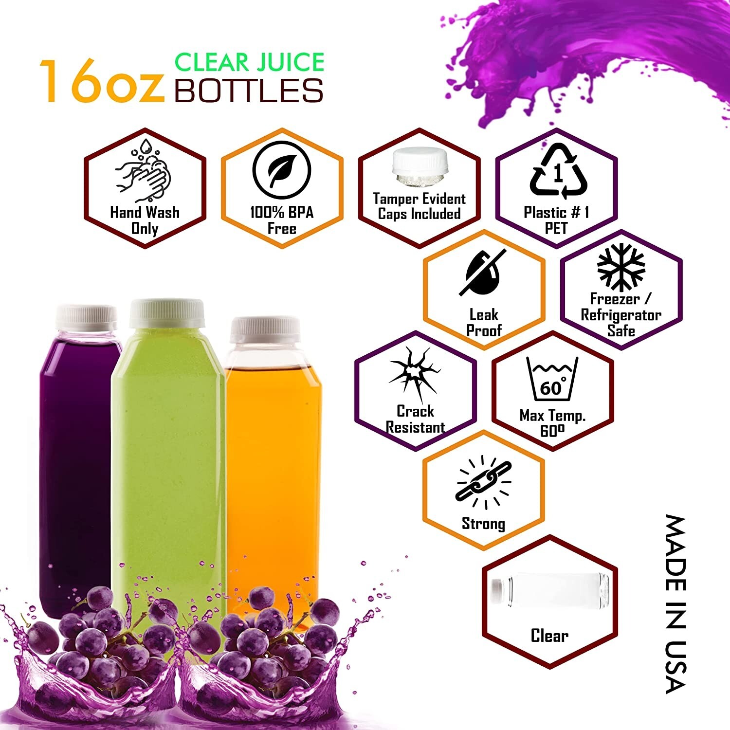 160 Pack Empty Plastic Juice Bottles with White Tamper Evident Caps 16 Oz.