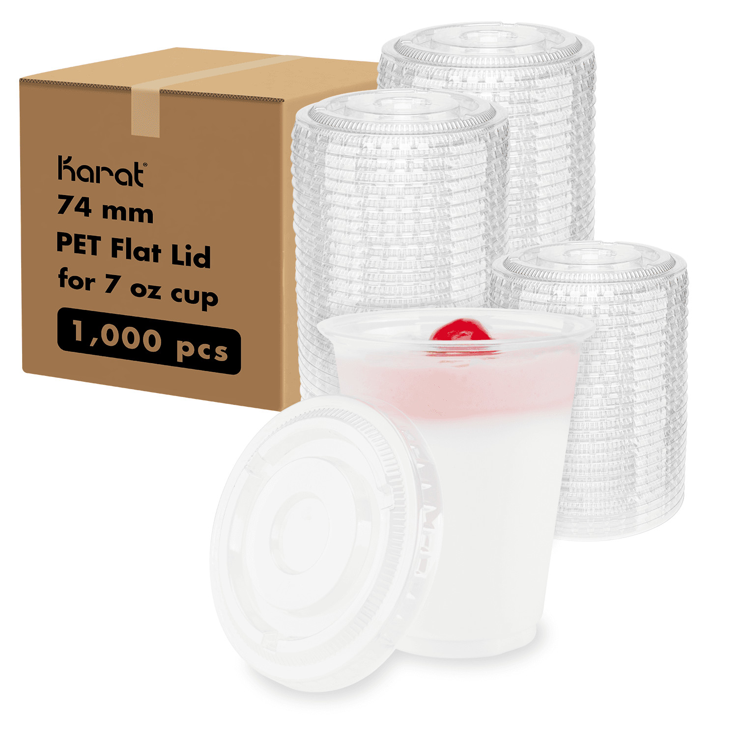 Karat 74mm PET Plastic Flat Lids, No Hole – 1,000 ct, C-KC74TS-NH