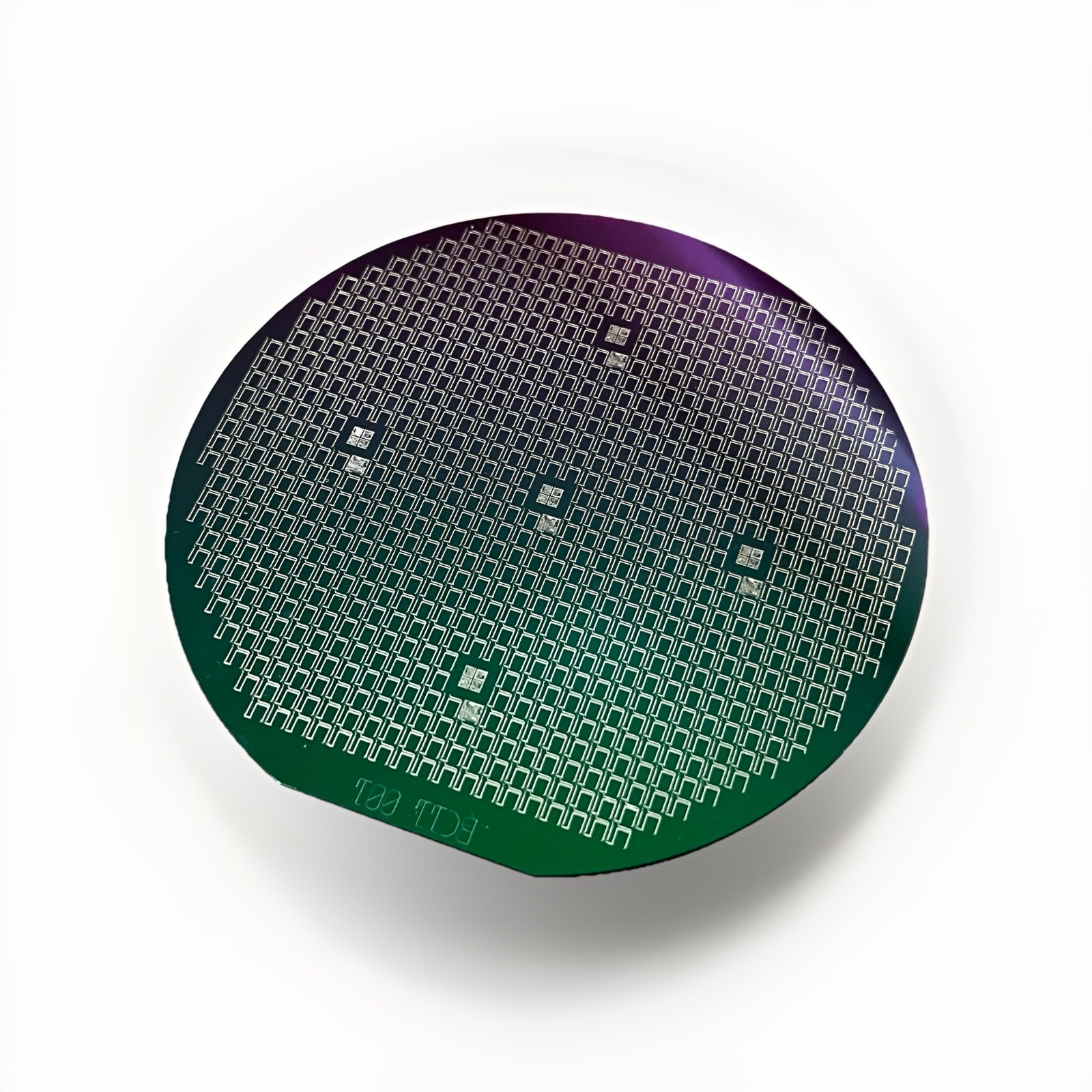 4 Inch Patterned Silicon Wafer With Test Areas, Green/Purple Tint, As Pictured