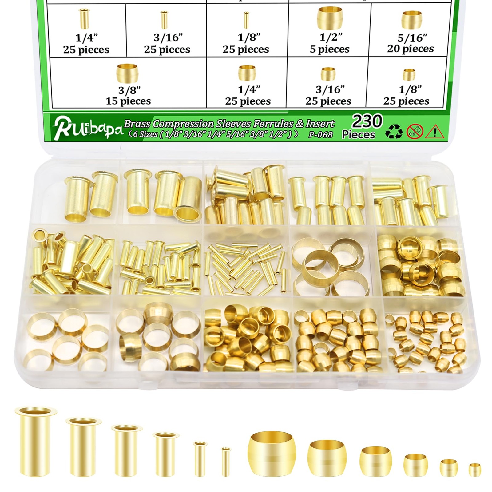 Ruibapa 230PCS Brass Compression 1/2″, 3/8″, 5/16″, 1/4″, 3/16″, 1/8″, Gold