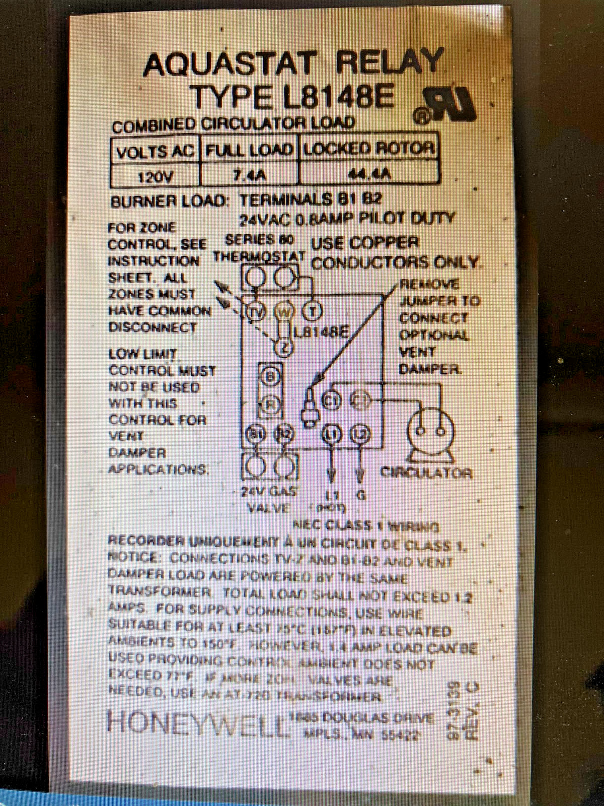 Honeywell L8148a 1017 120V Aquastat Controller