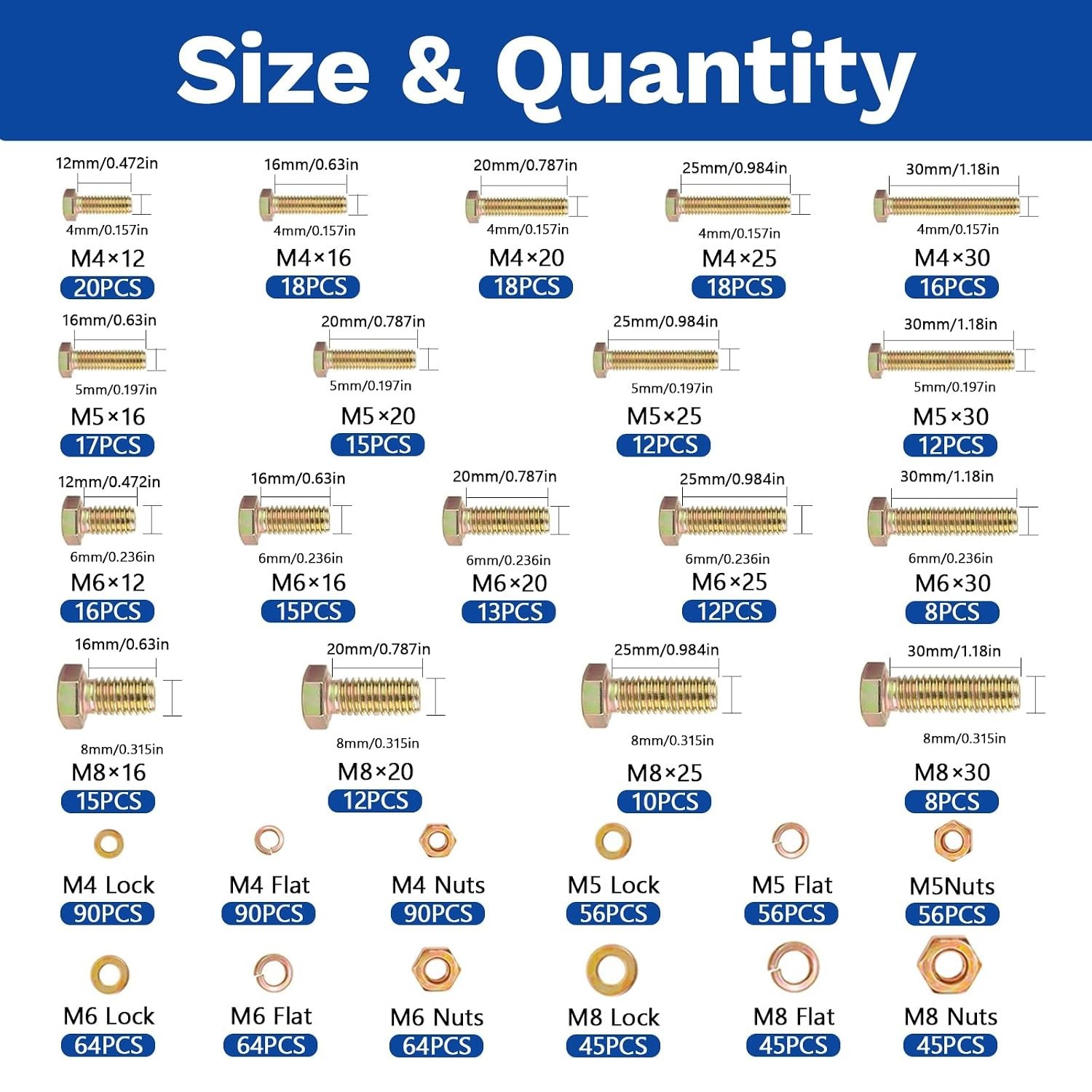 1020PCS Grade 8.8 Metric Bolt Assortment Kit -M4 M5 M6 M8 Heavy Duty Hex Bolts