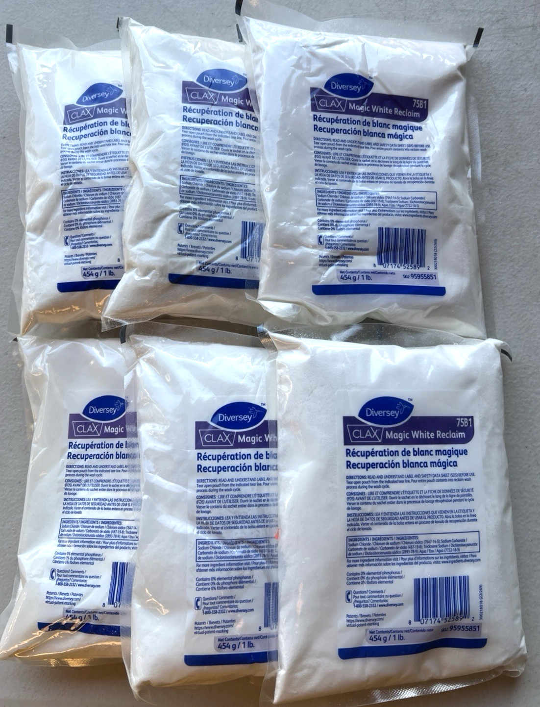 6 Bags Diversey Clax 75B1 White Reclaim Fabric Stain Remover 1 lb In Each