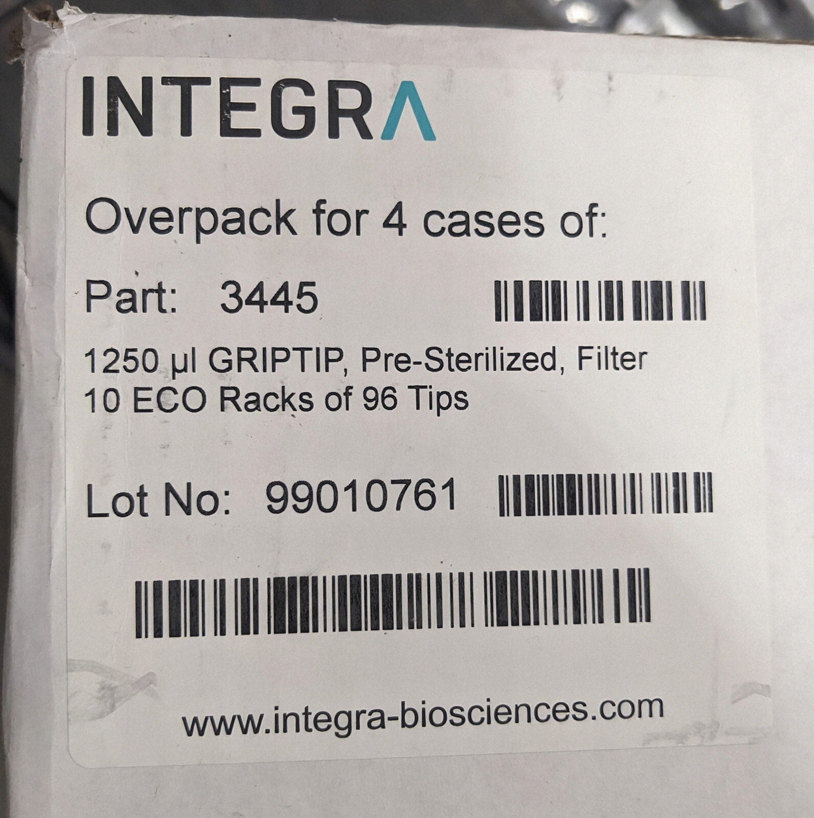 4 Cases Integra 1250ul GripTip 3445 Pre-Sterilized 10 ECO Racks of 96tips