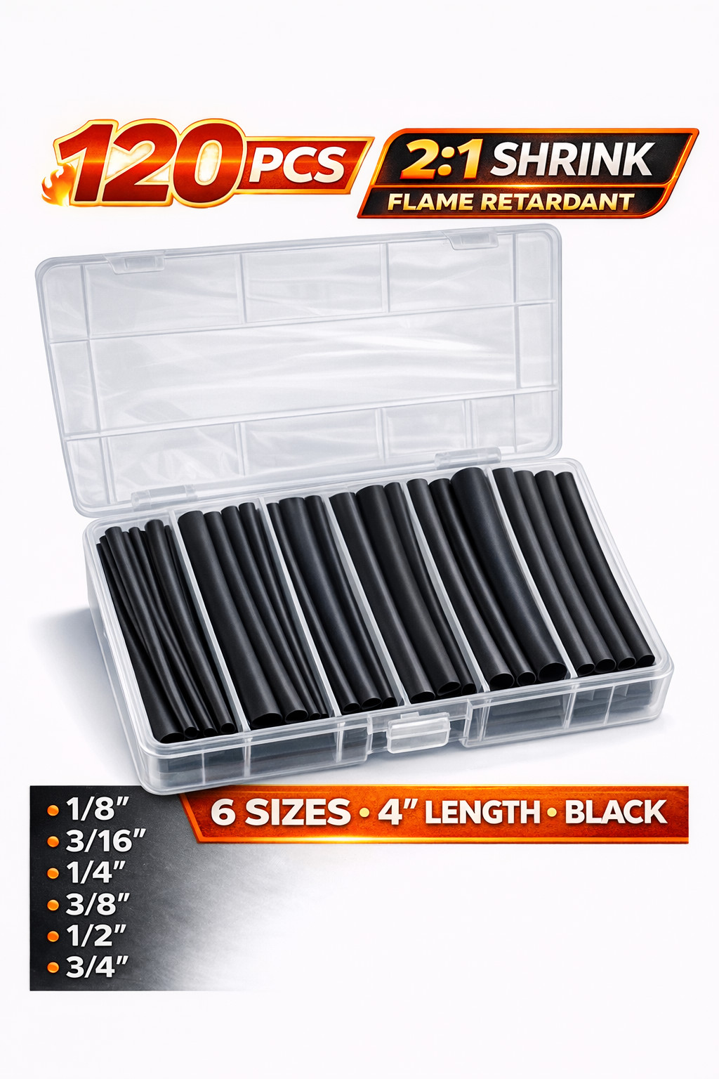 120PCS Heat Shrink Tubing Kit 2:1 Black Assorted Sizes 4 Inch Polyolefin Tube