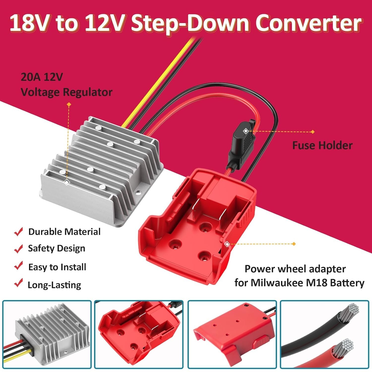 18V to 12V Step-Down Converter for Milwaukee M18 Battery Adapter DC 12V 20A 24