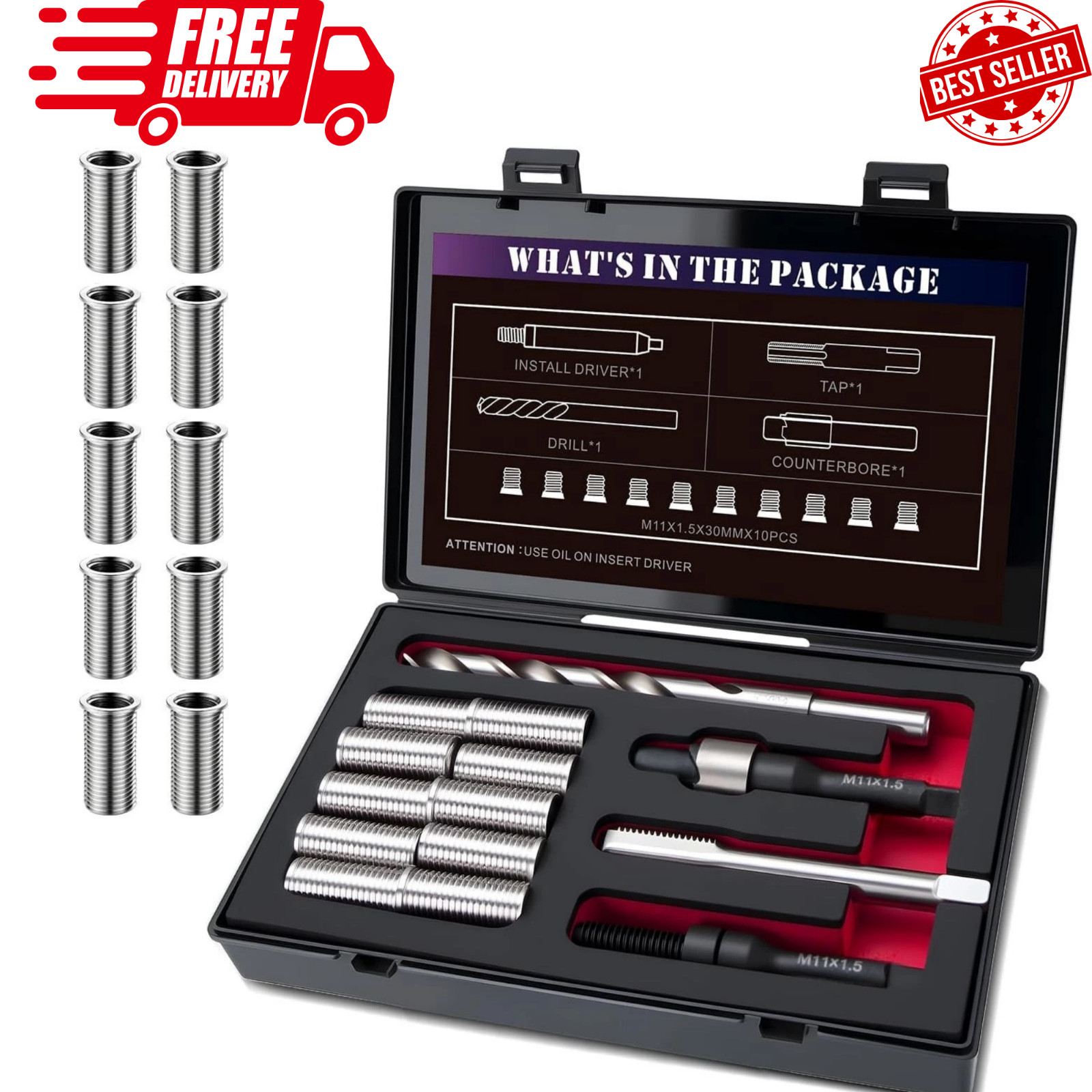 M11X1.5 Metric Thread Repair Kit with Insert HSS Drill, Tap, Counterbore, Instal