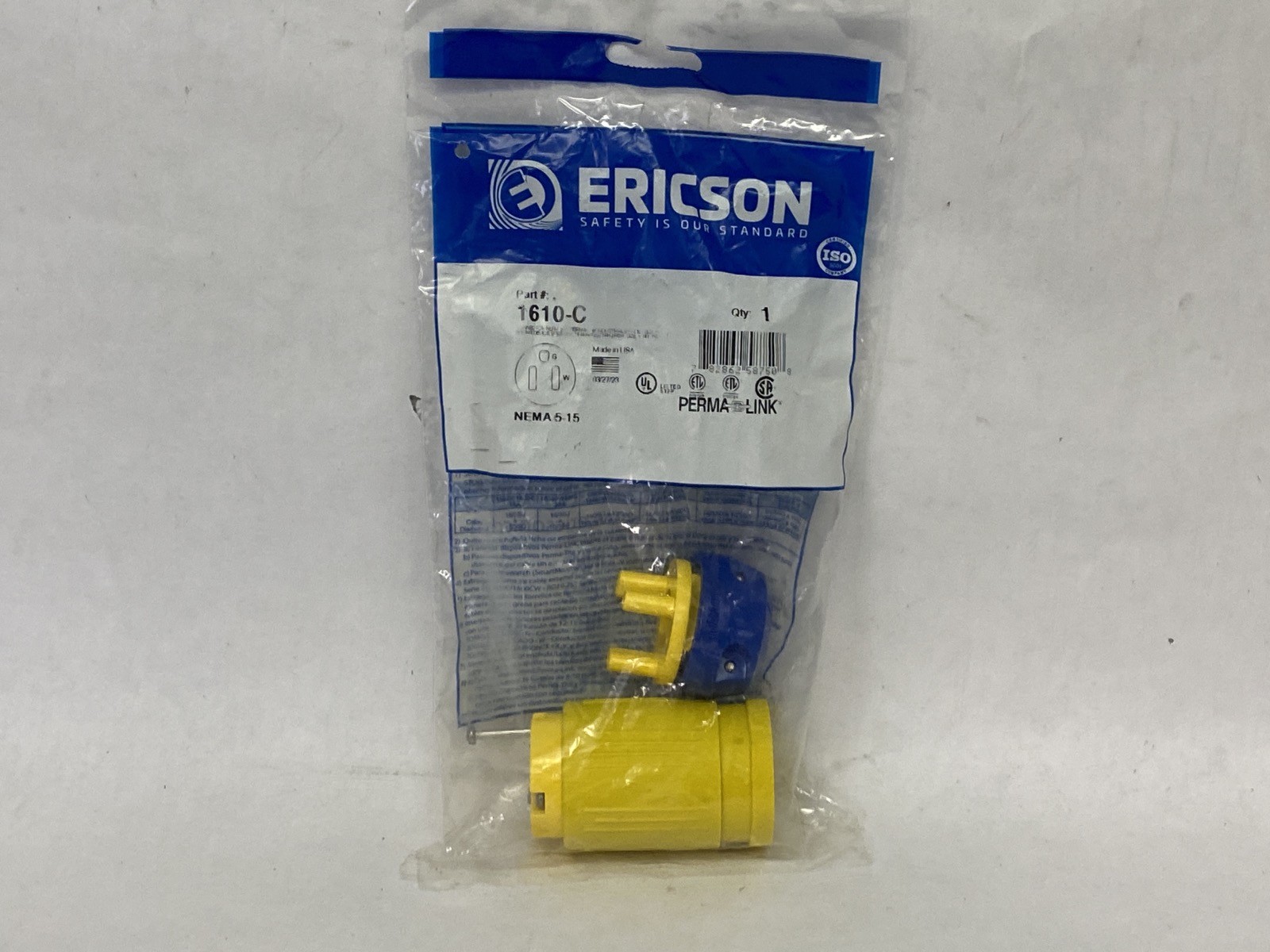 NEW Ericson Perma-Link 15A 125V 2 Pole 3 Wire 1 Phase Straight Connector 1610-C
