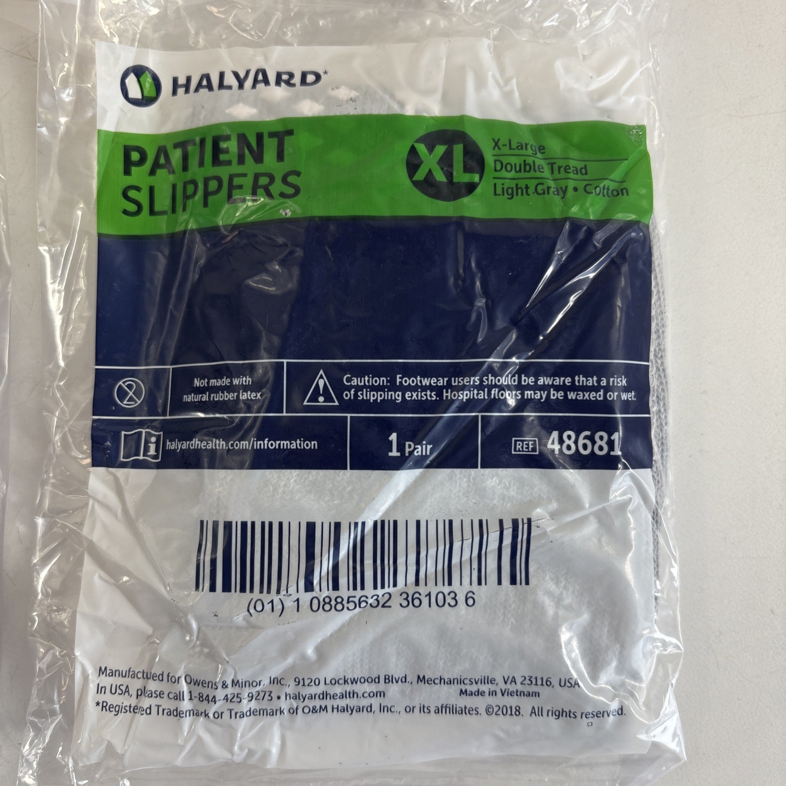 6 Pairs Patient Slippers XL By Halyard #48681, Light Grey, Cotton, Double Tread