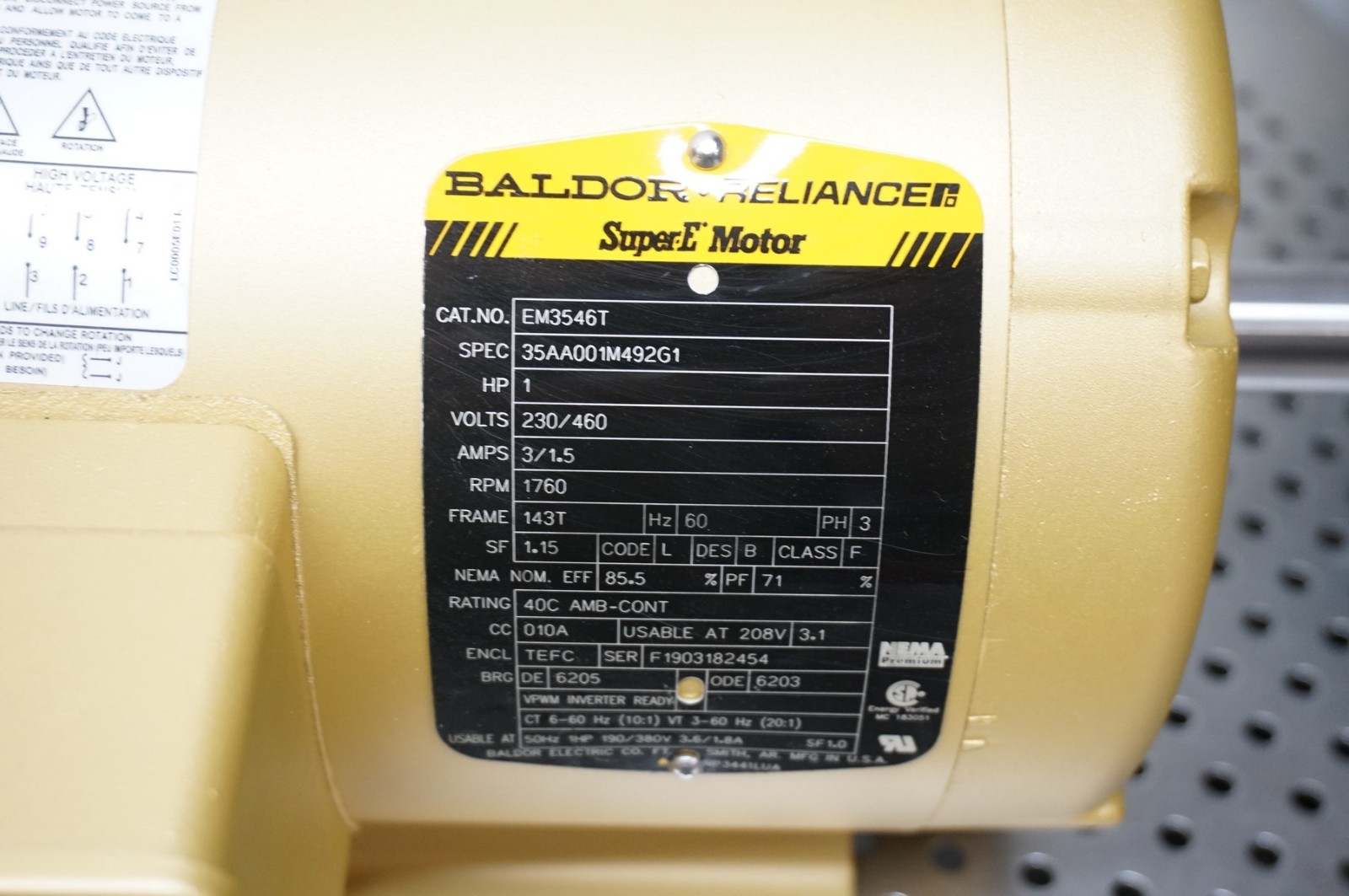 Baldor EM3546T 3-Phase 1 Hp Motor 1760RPM 143T Frame 230/460 VAC Unused