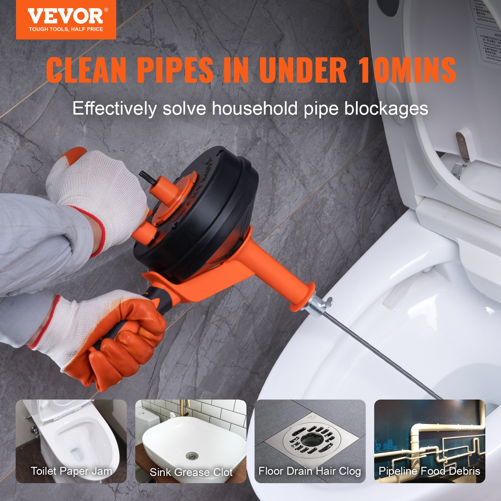 VEVOR Drain Auger 25ft 1/4in Drum Plumbing Drain Snake Clog Remover Manual-feed