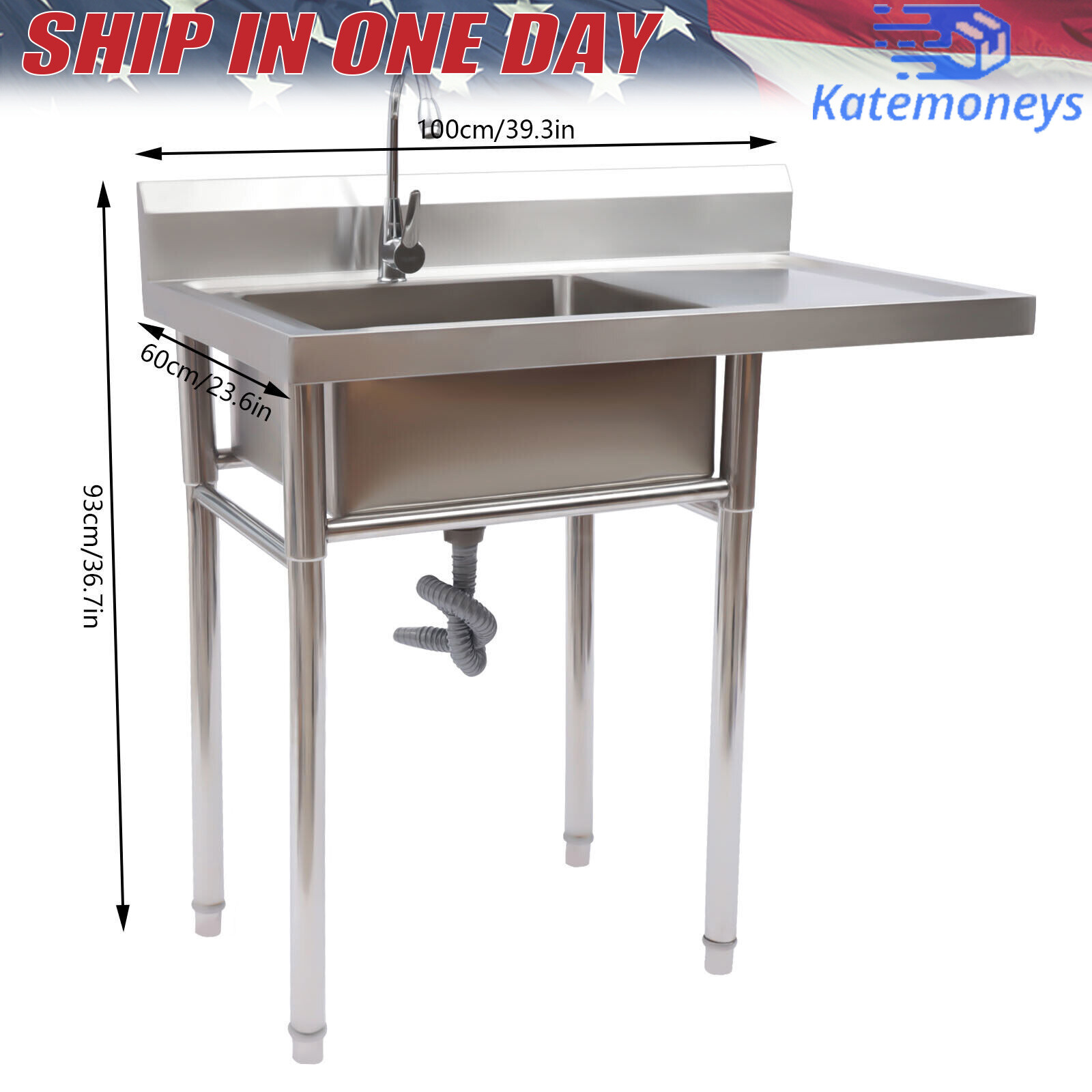 1 Compartment Commercial Utility & Prep Sink Kitchen Sink+Faucet Stainless Steel