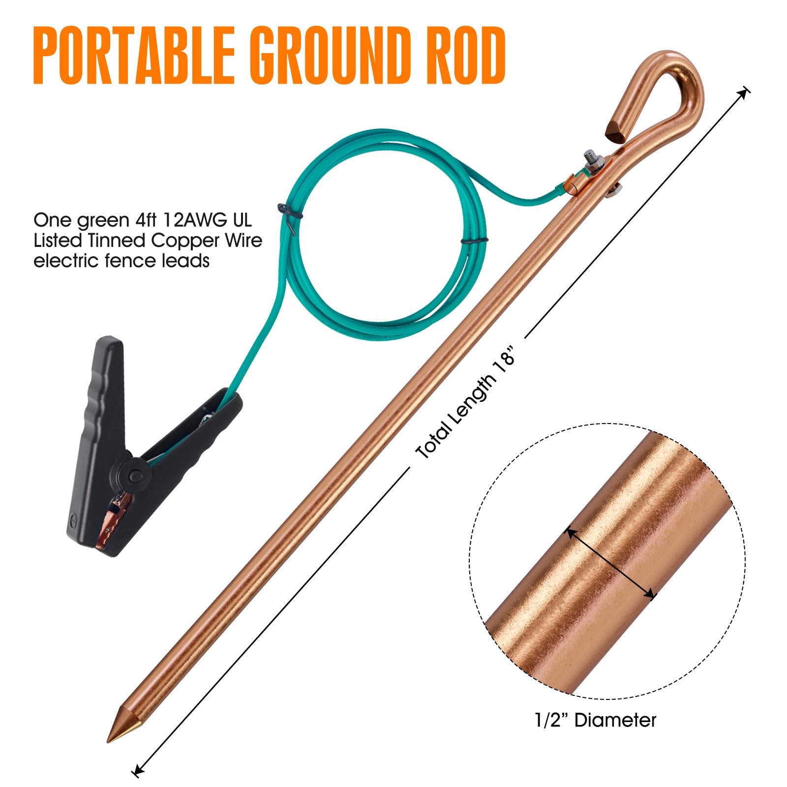 Portable Copper Ground Rod with 4ft Grounding Wire Clip UL Listed