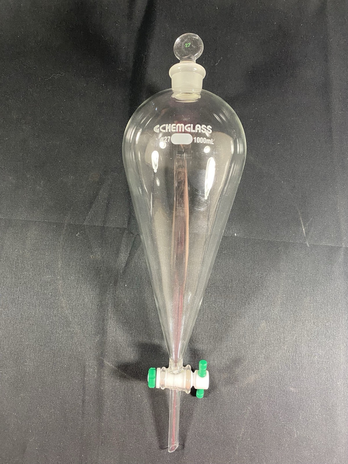 CHEMGLASS 1000mL Squibb Separatory Funnel w/ Stopcock #27 Stopper CG-1742-06 A