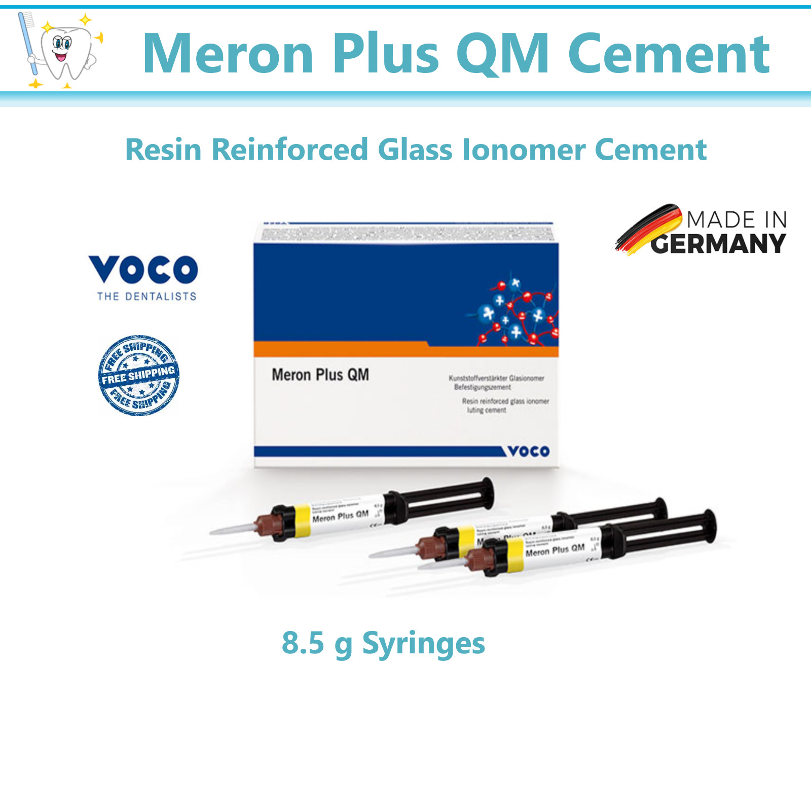 Meron Plus QM Resin Reinforced Glass Ionomer Cement 8.5gm Syringe 1/3Pk, Germany