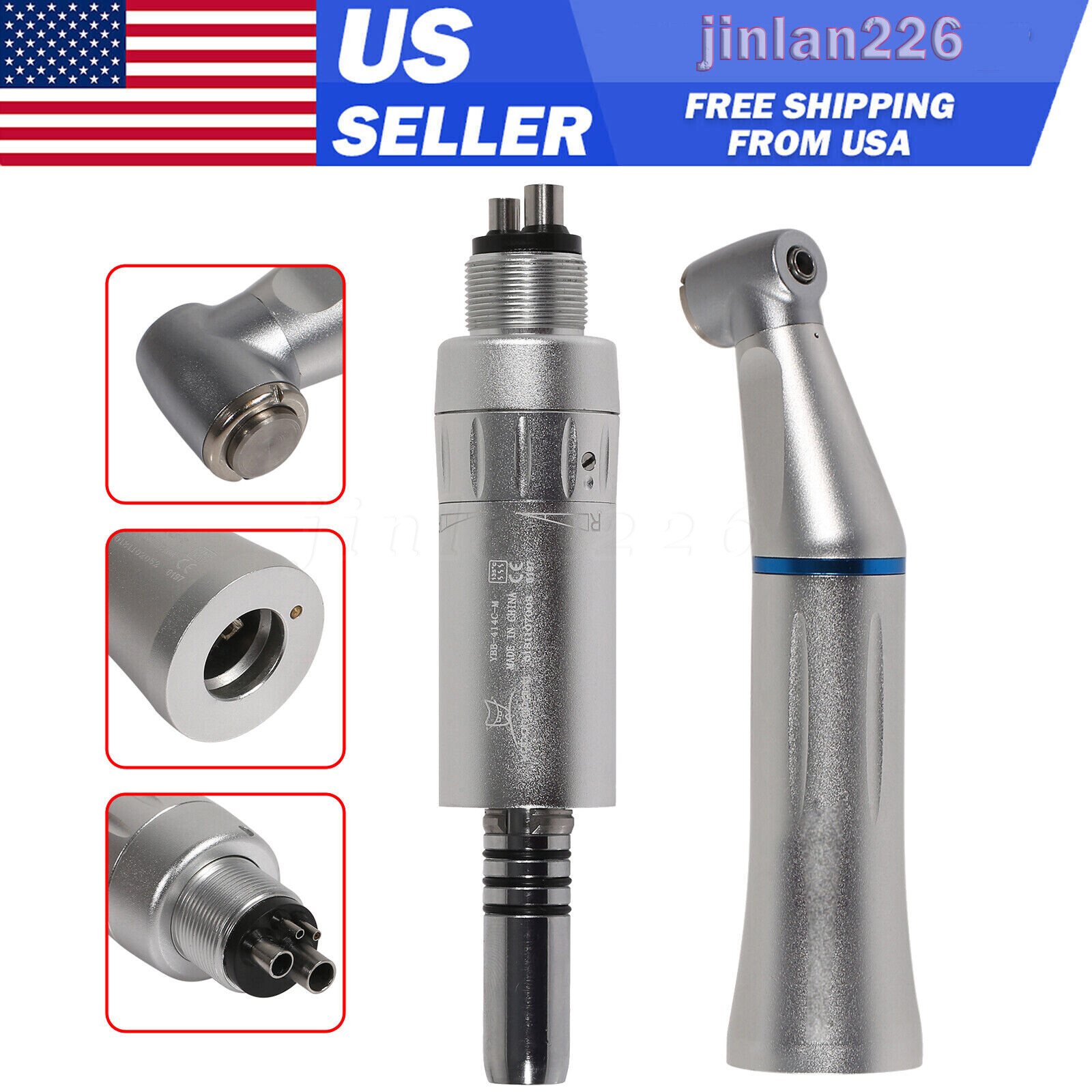 Dental Slow Low Speed Handpiece Push Contra Angle NSK Style Air Motor 4Holes USA
