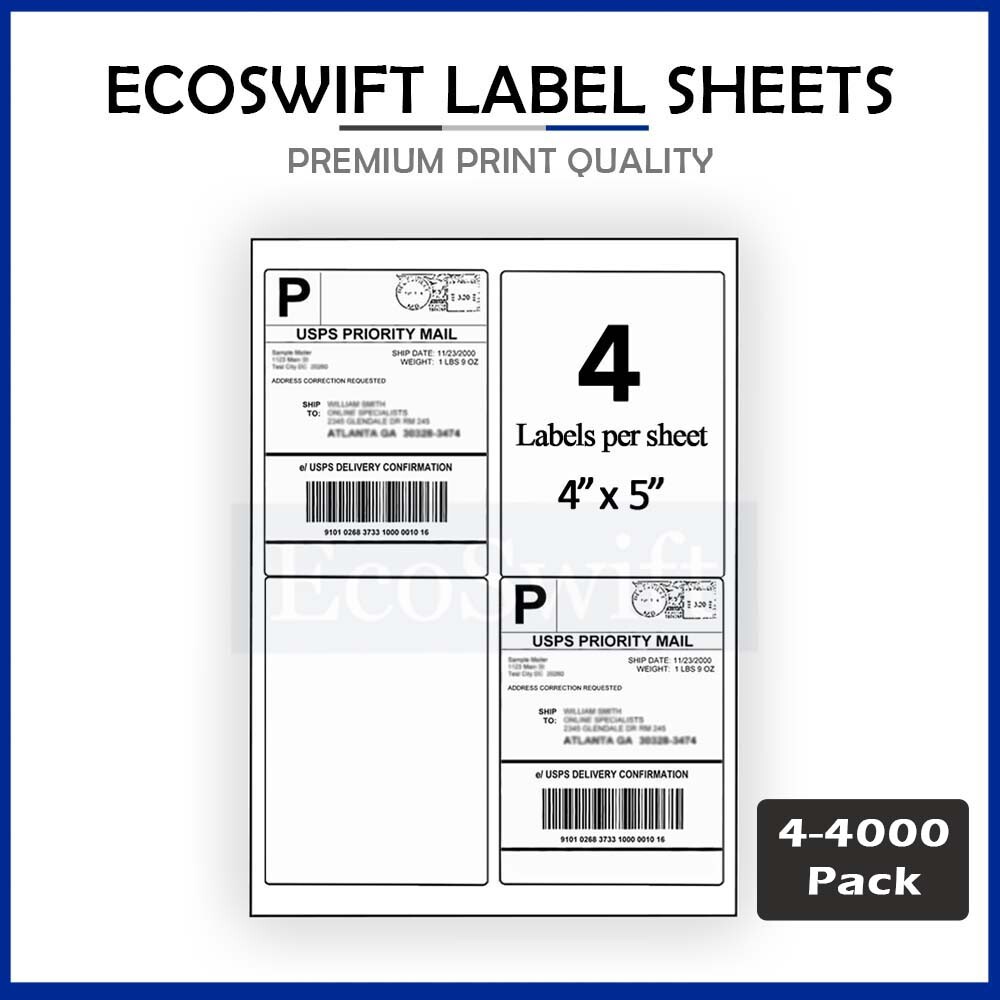 4-40,000 LOT 4 x 5 «EcoSwift» Laser Address Shipping Adhesive Labels 4 per sheet