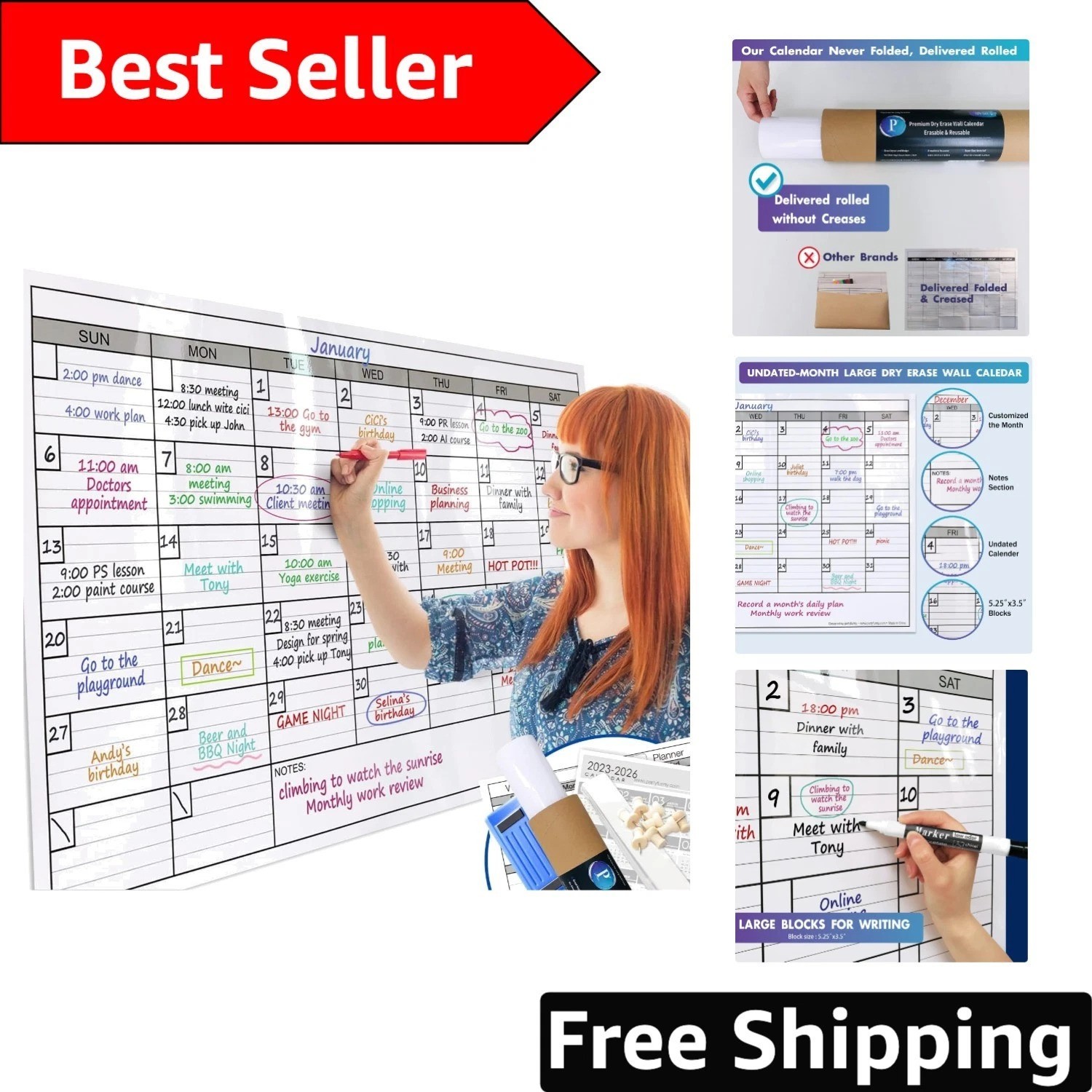 Wall-Mounted Extra Large Dry Erase Calendar: Includes Weekly & Yearly Planners
