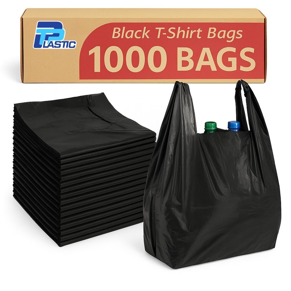Black T Shirt Bags Plastic Grocery Shopping Carry Out Bag 11.5»x6.5»x22»
