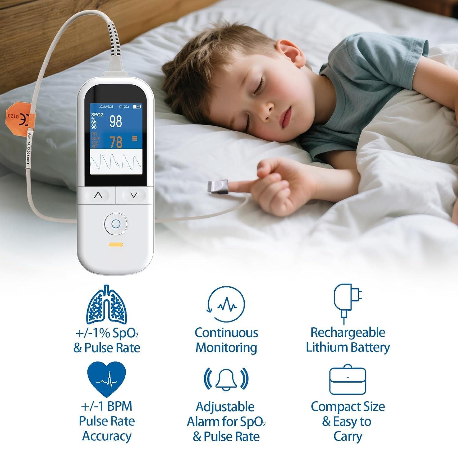 Handheld Pediatric Pulse Oximeter SpO2 Fingertip Probe Heart Rate Monitor Alarm