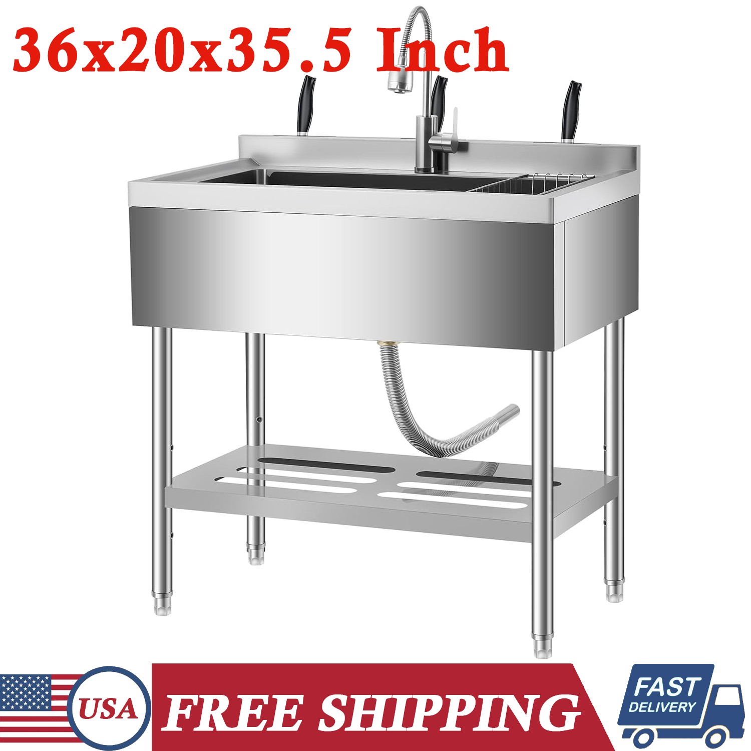 36x20x35.5 Inch Free Standing Single Bowl Commercial Kitchen Sink with Faucet