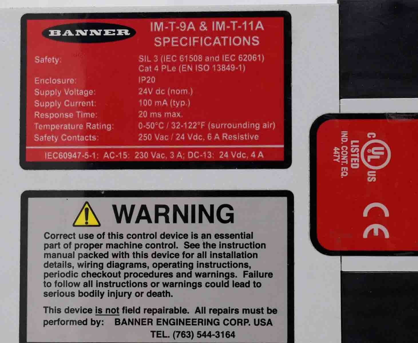 Banner IM-T-9A IM-T-11A Interface Safety Relay Module 24VDC 6A 100mA 20ms