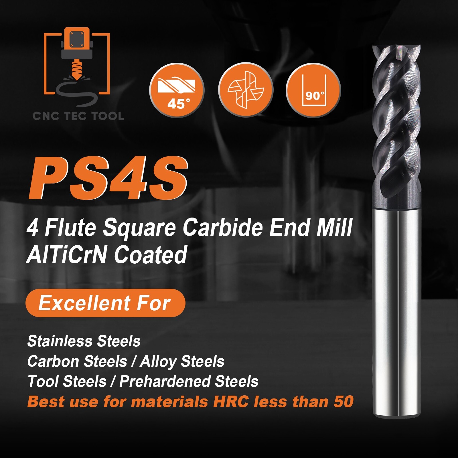 5 PCS 3/32″ 4 Flutes Square 45° Helix Carbide End Mill Bit AlTiCrN Coated HRC 50