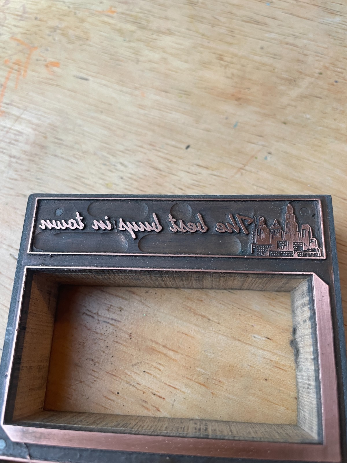 Printing Letterpress Printers Block ‘Very Best In Town’ Mortised Copper (283)