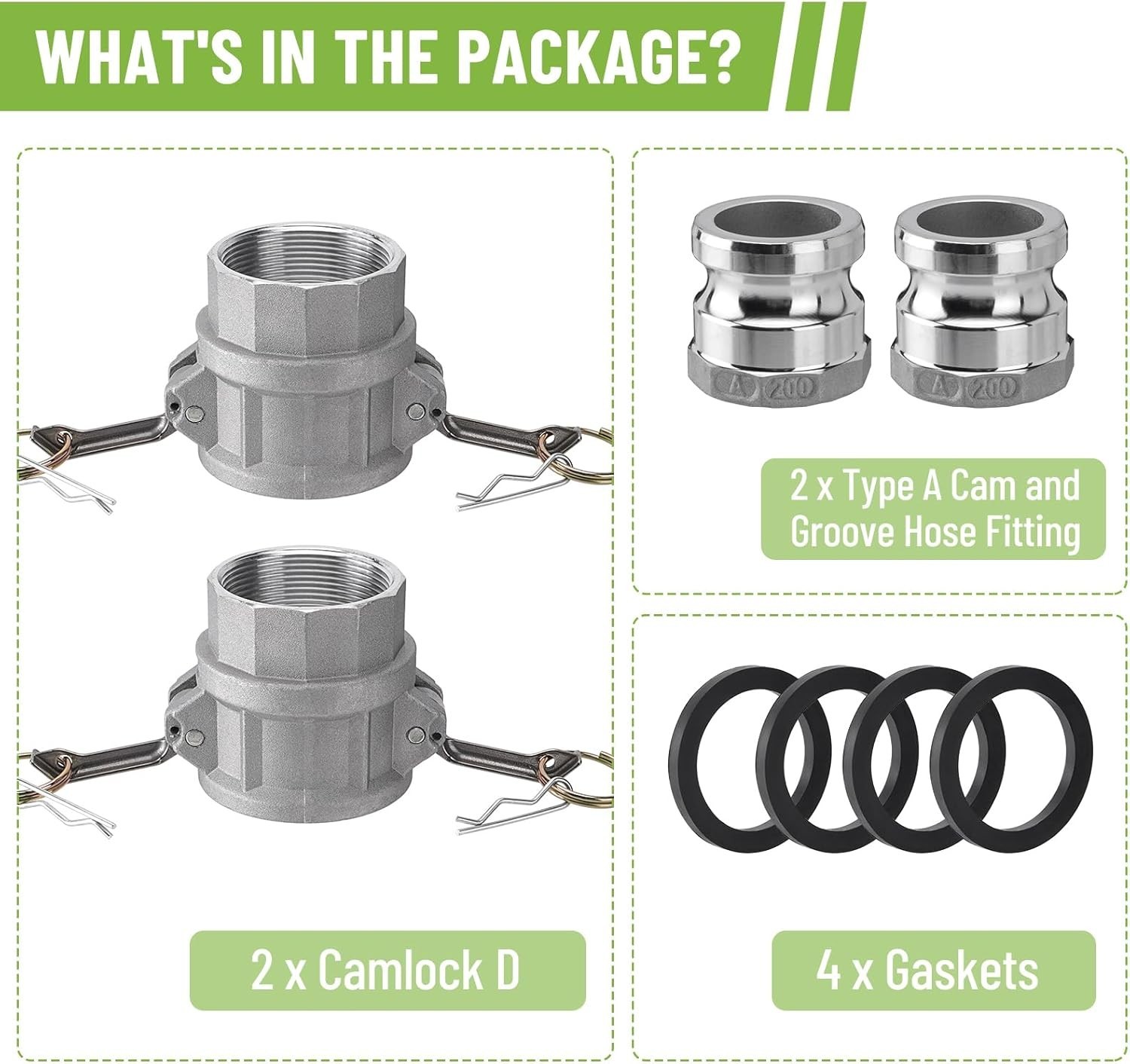 2 PCS Aluminum Camlock 2″ part D Cam & Groove Hose Fittings+2 PCS Aluminum Gl…
