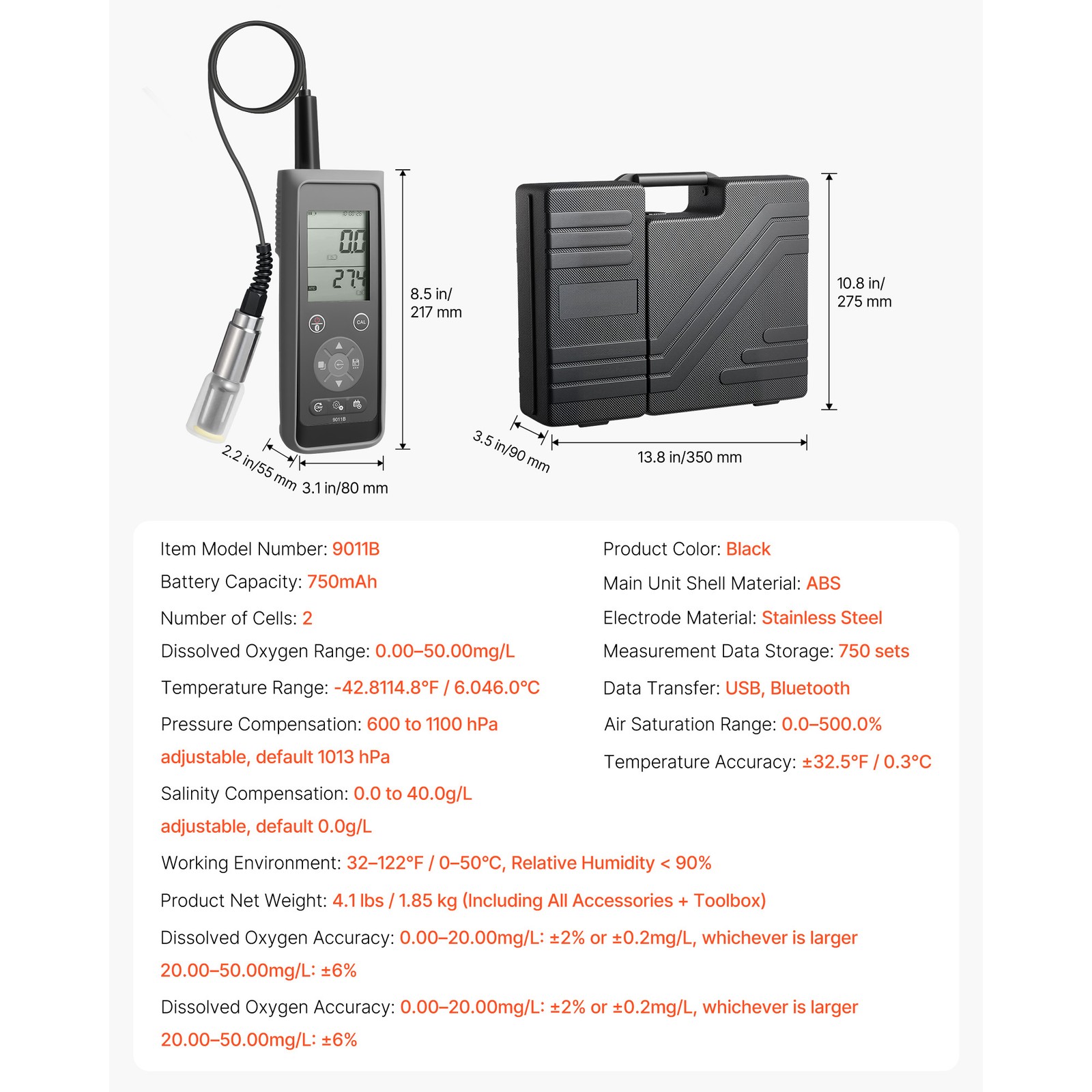 Uimoso Portable Dissolved Oxygen Meter Kit, Range 0.0-50.0 mg/L