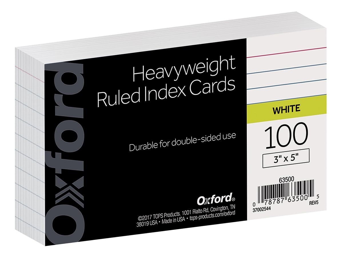 Oxford Heavyweight Ruled Index Cards 3 x 5 White 100 Per Pack 63500