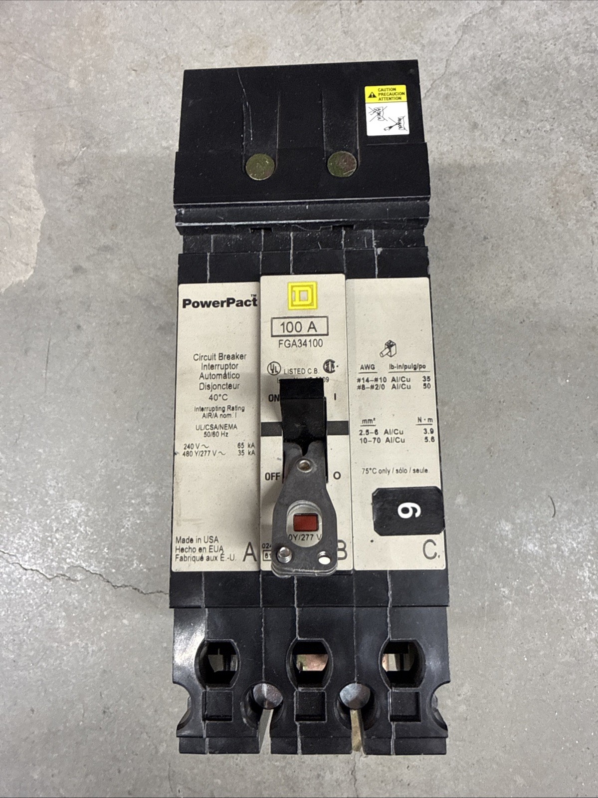 Square D Powerpact FGA34100 I-Line Circuit Breaker 100A 480V 3P 3PH FGA 100 AMP