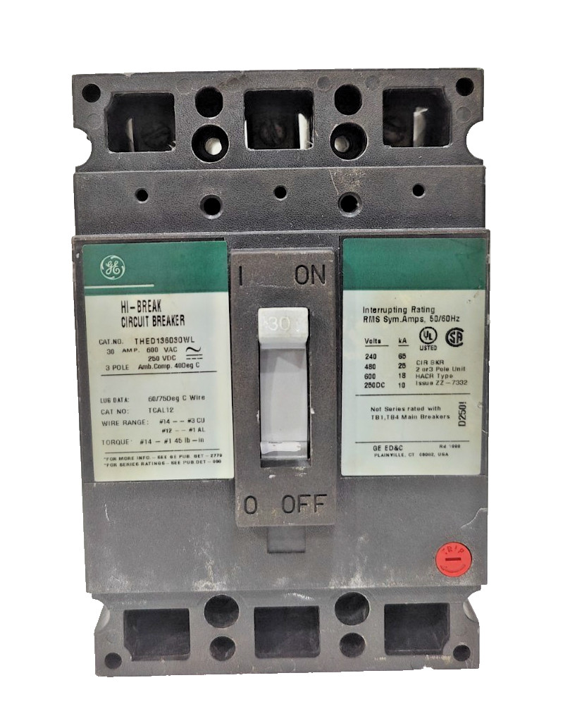 THED136030WL – General Electric 30A 3 Pole 600V Molded Case Circuit Breaker, E15