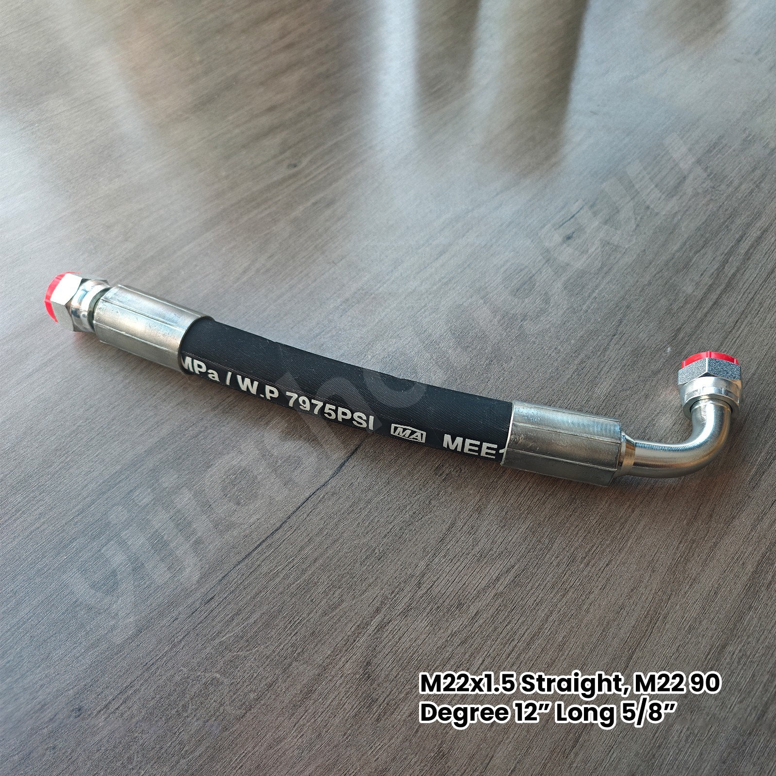 Chinese Excavator Hydraulic Hose, M22x1.5 Straight, M22 90 Degree 12” Long 5/8”