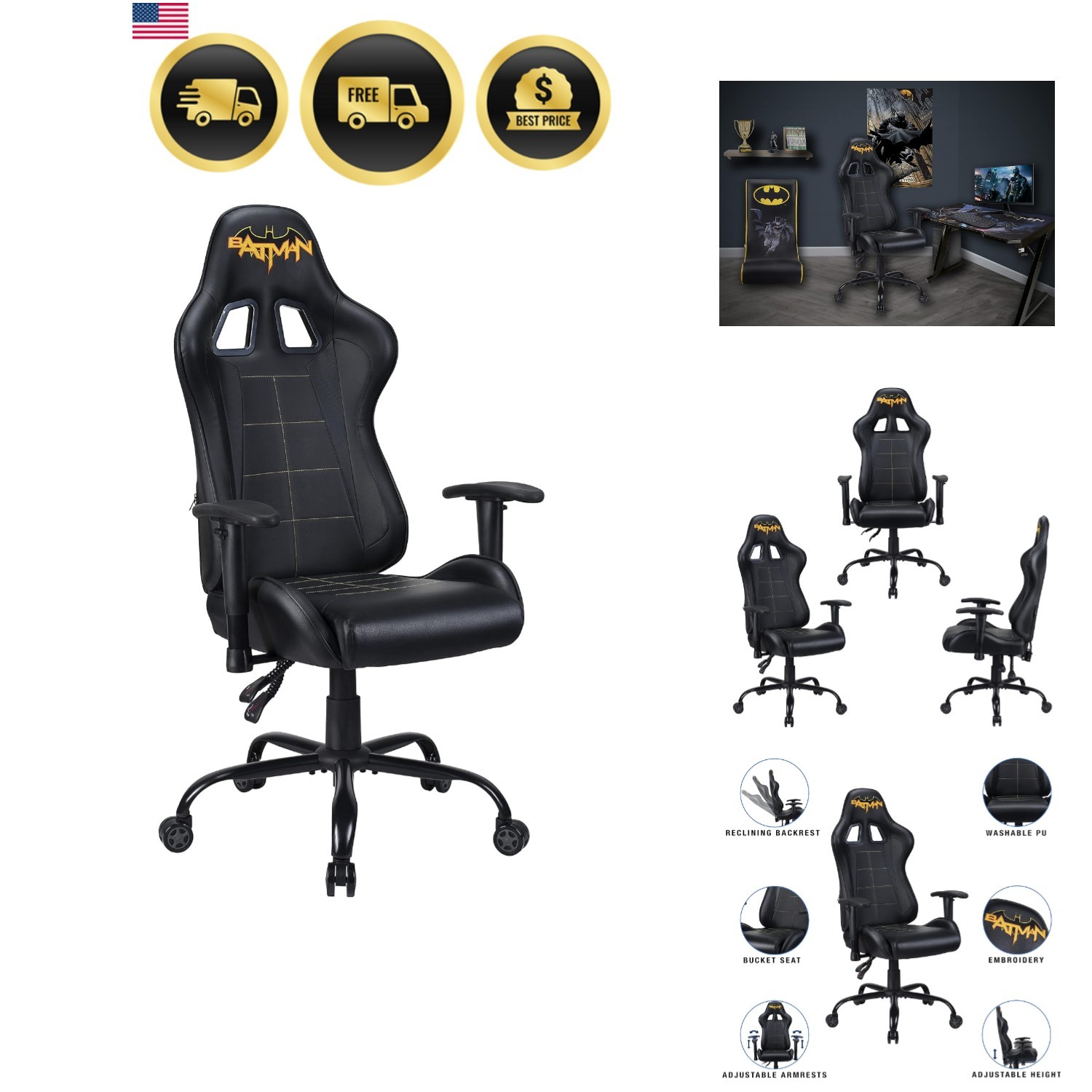 Batman – Official Ergonomic Gamer Chair Adjustable Back and Armrests – Adult …