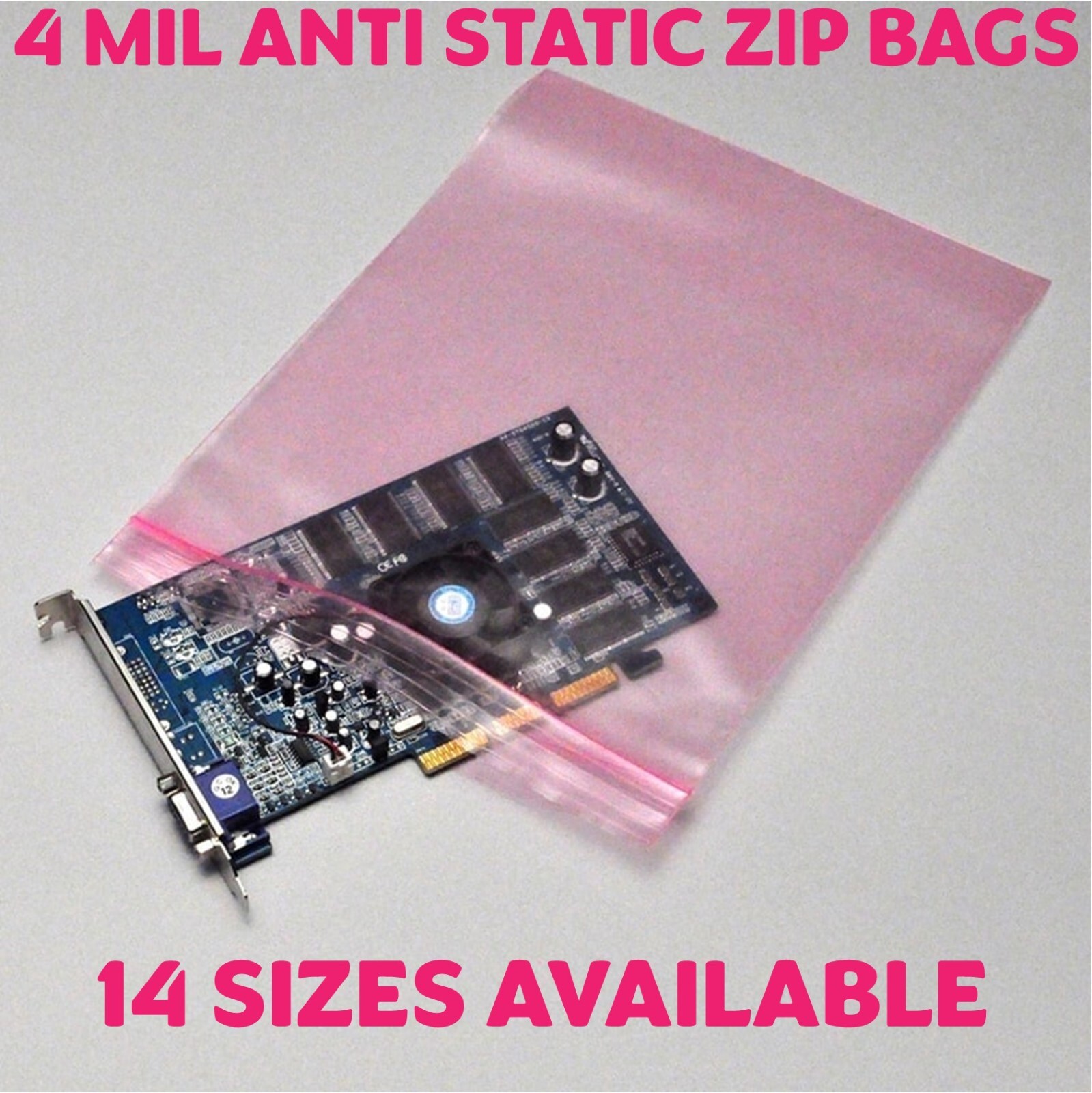 2x,3,5,6,8,9,12″ Anti Static Bag Pink Poly Zip Seal 4Mil Reclosable Lock Top