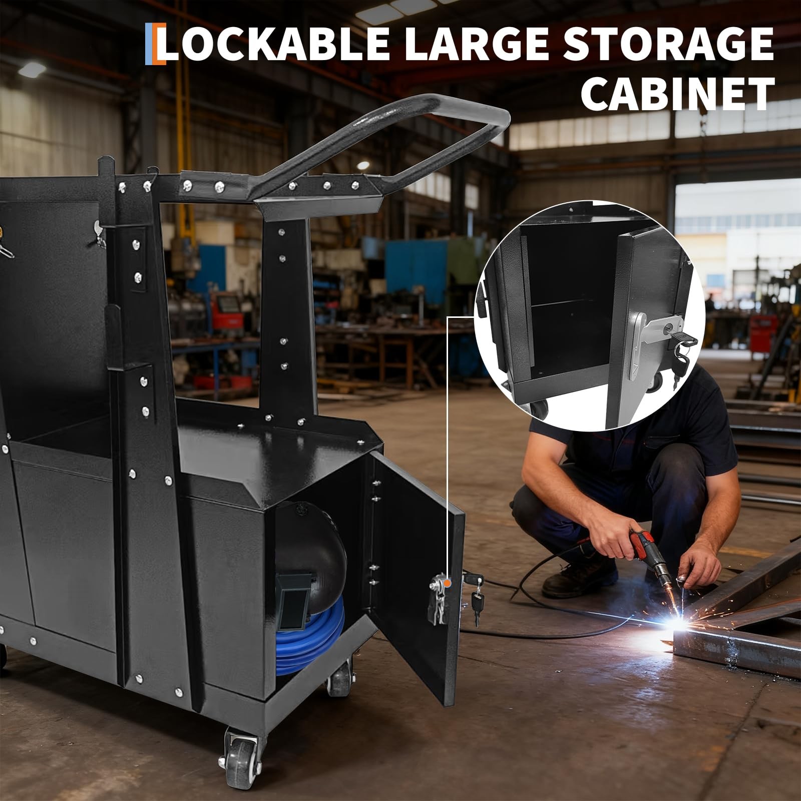 Heavy Duty Welding Cart with Lockable Cabinet, 360° Wheels for MIG/TIG/Plasma